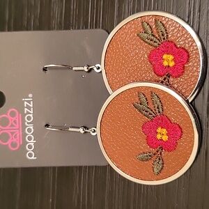 Paparazzi Brown Embroidered Floral Earrings